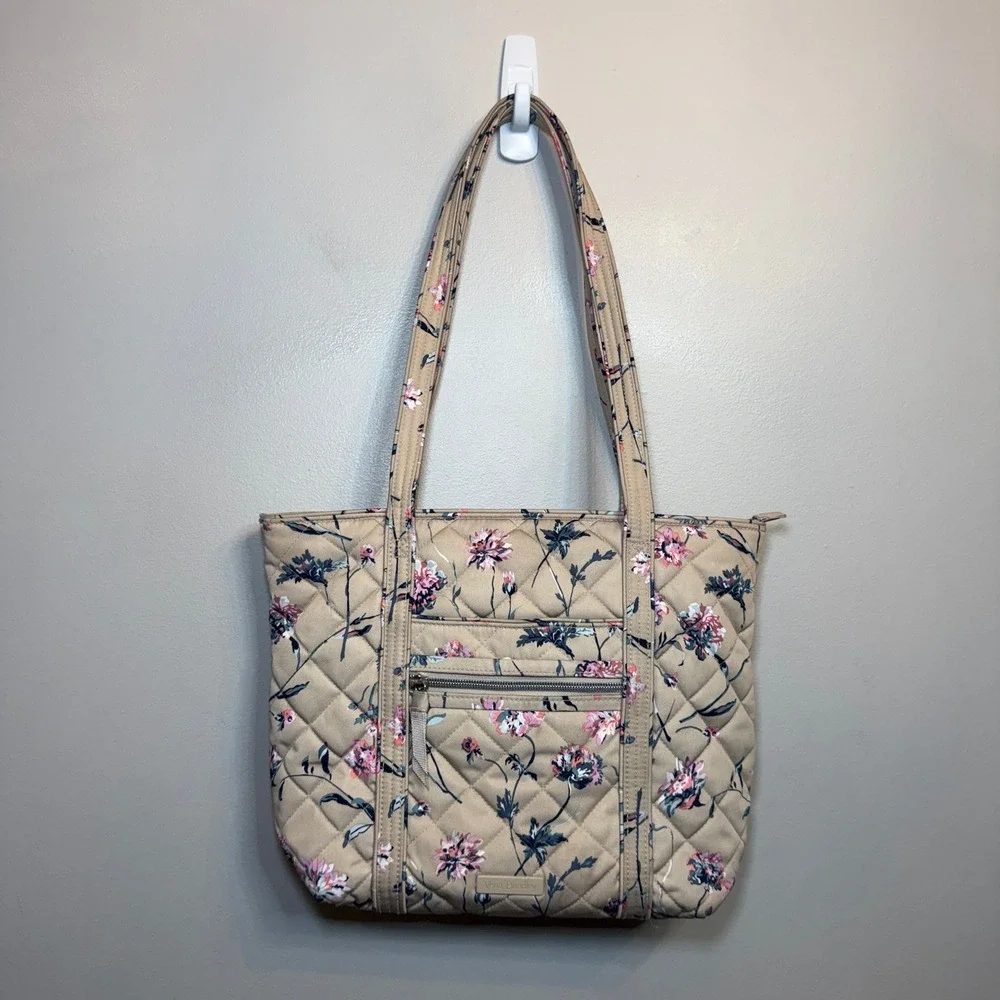 Vera Bradley Strawflowers Quilted Tote Bag Tan Pink Floral Shoulder Bag Zip Top